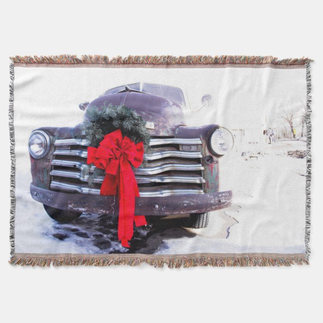 Antiker Lastwagen mit festlichem Weihnachtskranz Decke (Vorderseite)