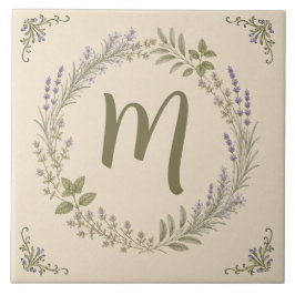 Antiker Lavendel-Monogramm-Kräutergarten-Kranz Fliese