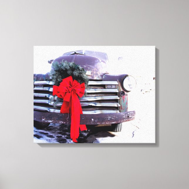 Antiker LKW mit festlicher Weihnachtsfeier Leinwanddruck (Vorderseite)