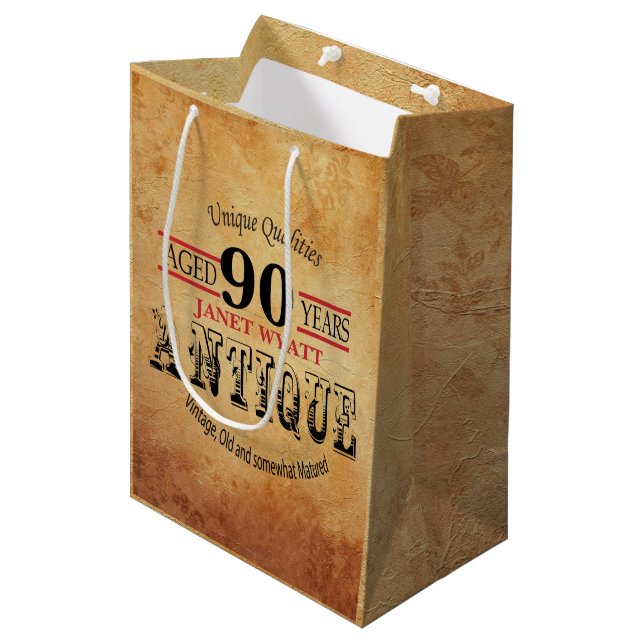 Antiker Meilenstein-90. Geburtstag Mittlere Geschenktüte (Vorderseite Schrägansicht)