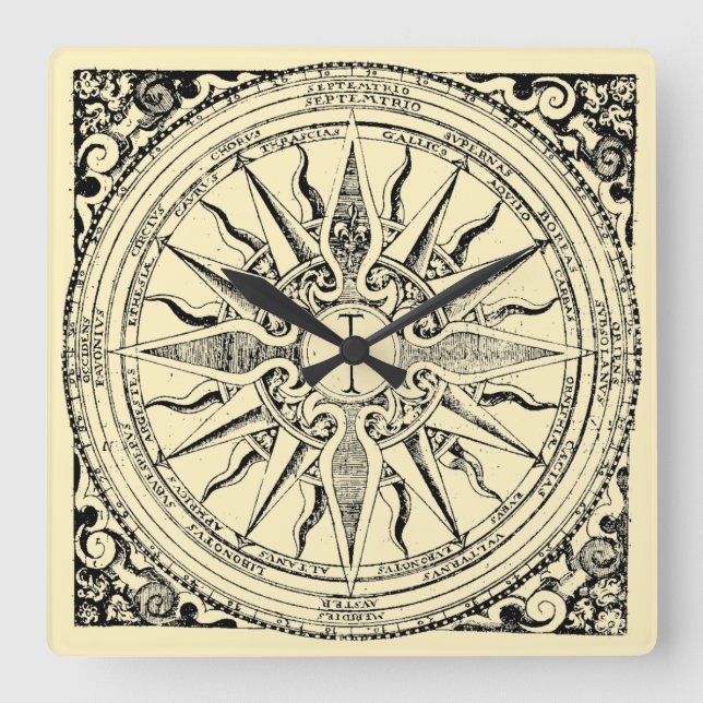 Antiker Nautikkompass und Wind Quadratische Wanduhr (Vorderseite)