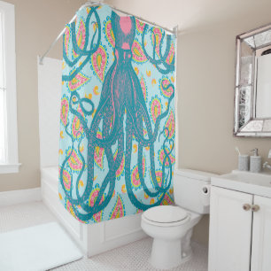 Antiker Oktopus auf Blue Paisley Duschvorhang