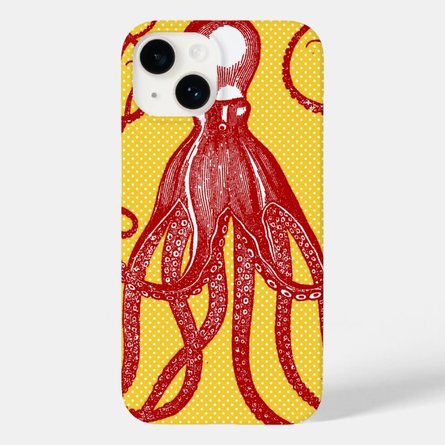 Antiker Oktopus auf gelbem Mikrodot Case-Mate iPhone 14 Hülle (Rückseite)