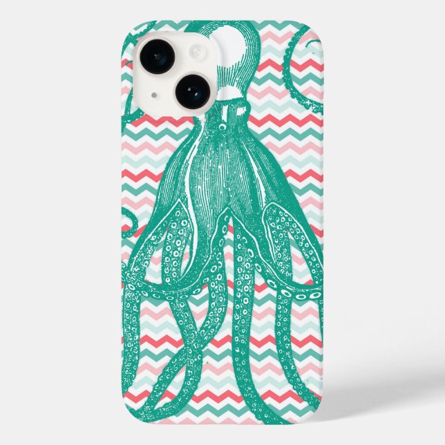 Antiker Oktopus auf Korallen und Aqua Chevrons Case-Mate iPhone 14 Hülle (Rückseite)