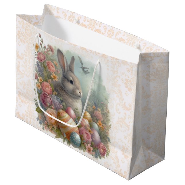 Antiker Osterhase mit Damaske Grosses Blumengeflec Große Geschenktüte (Vorderseite Schrägansicht)