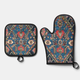 Antiker persischer türkischer Teppich, Blau Ofenhandschuh & Topflappen-Set