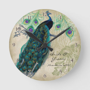 Antiker Pfau & Gravuren Personalisierte Hochzeit Runde Wanduhr