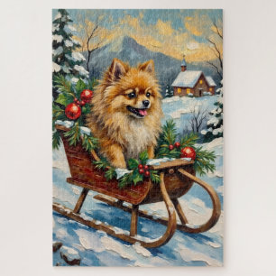 Antiker Pomeranian in hölzernem Weihnachtsschlitte