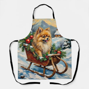 Antiker Pomeranian in hölzernem Weihnachtsschlitte Schürze