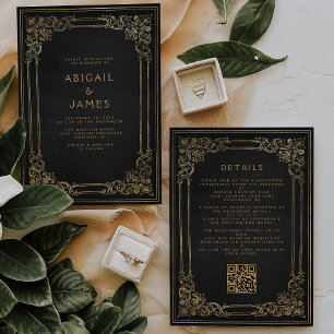 Antiker Rahmen Schwarz Gold QR-Code Hochzeit Einladung