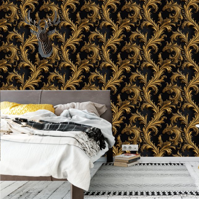 Antiker Rokoko Schwarzes Gold Barock Tapete (Antique Rococo Black Gold Baroque Wallpaper)