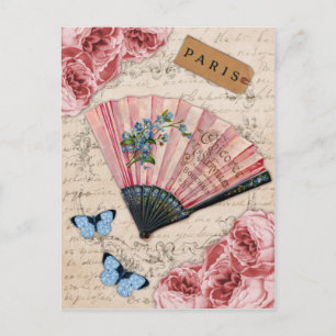 Antiker Rosa Französischer Fächer Postkarte