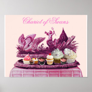 ANTIKER ROSAFARBENER SCHWANENWAGEN MIT CUPCAKES POSTER