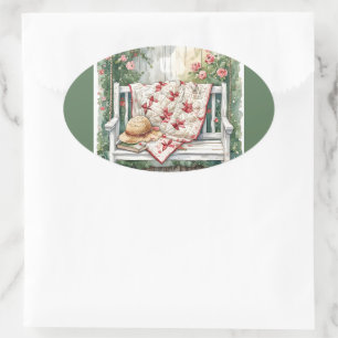 Antiker Rosen-Schaukelstuhl mit Quilt-Charm Ovaler Aufkleber