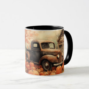 Antiker Rostiger Pick-up und Kürbisse Herbst Tasse