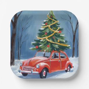 Antiker roter Auto-Weihnachtsbaum-Urlaub Pappteller