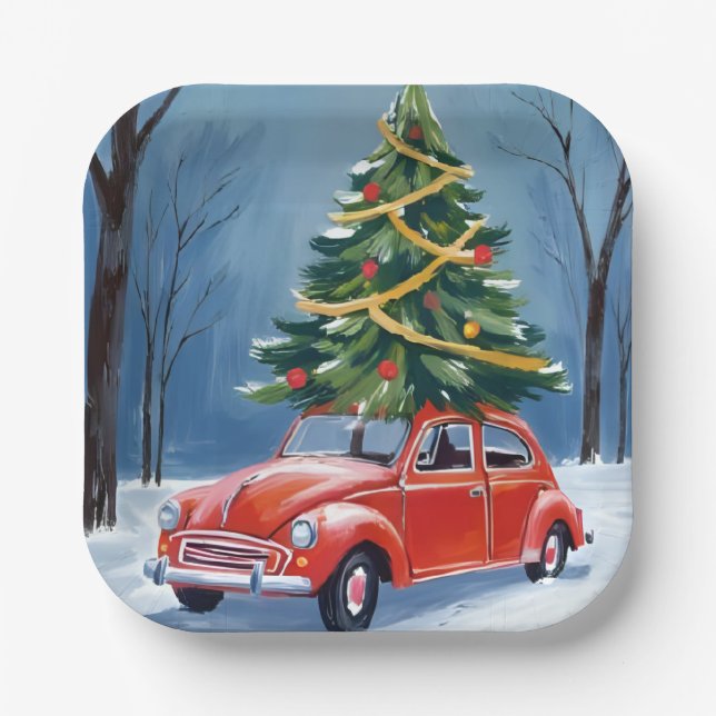 Antiker roter Auto-Weihnachtsbaum-Urlaub Pappteller (Vorderseite)