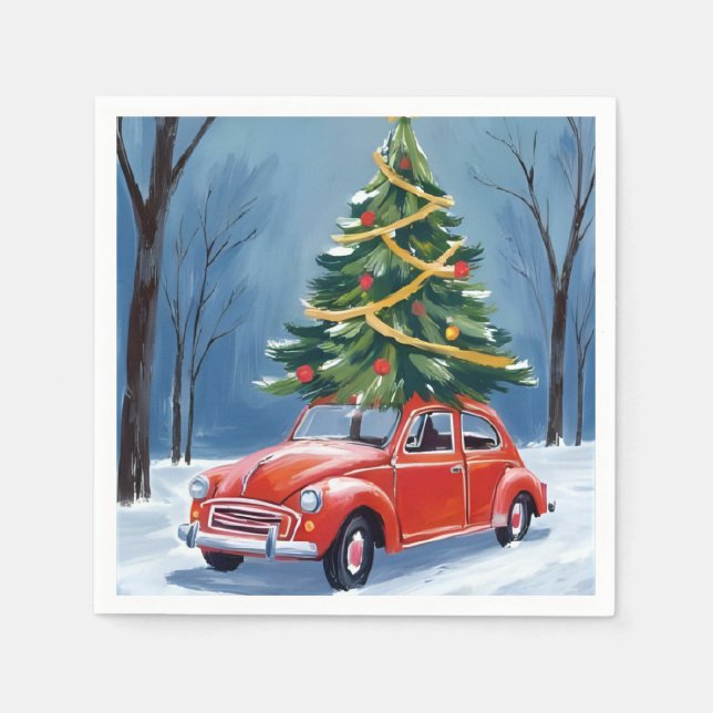 Antiker roter Auto-Weihnachtsbaum-Urlaub Serviette (Vorderseite)