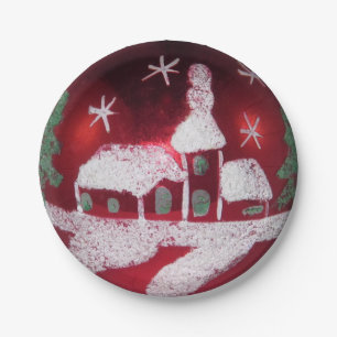 Antiker roter Glasball Weihnachts-Schneekirche Pappteller
