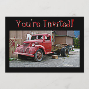 Antiker roter Oldtimer-LKW  Sie sind eingeladen! Einladung