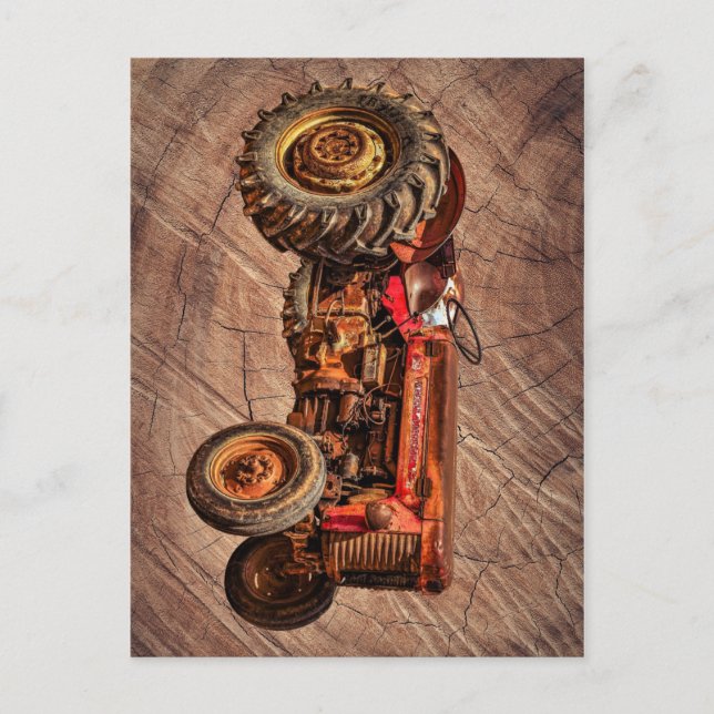 Antiker roter Traktor Postkarte (Vorderseite)