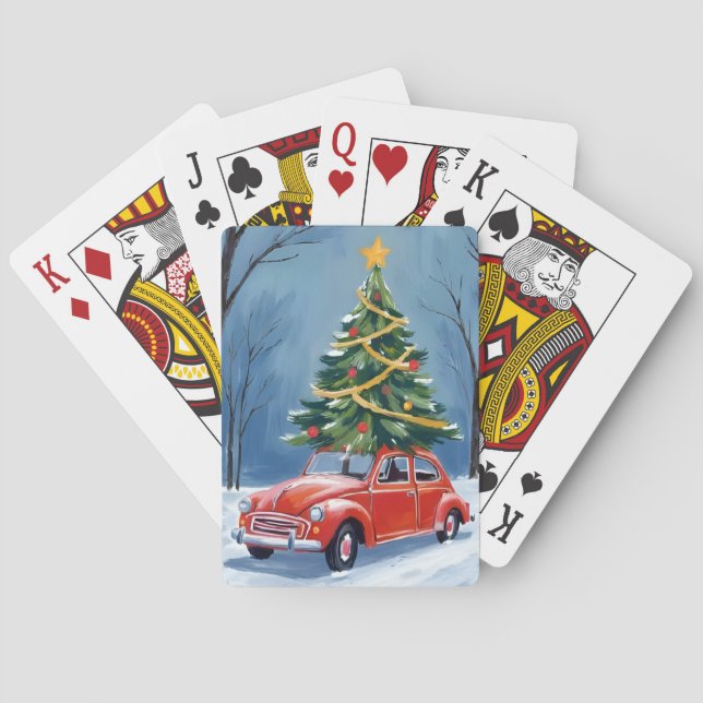 Antiker roter Weihnachtsbaum-Auto Spielkarten (Rückseite)