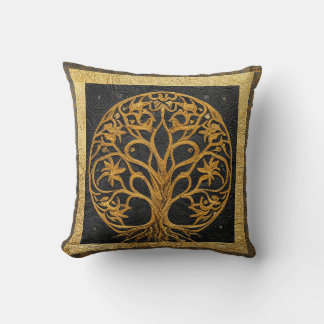 Antiker Rustikaler Runder Goldener Baum des Lebens Kissen