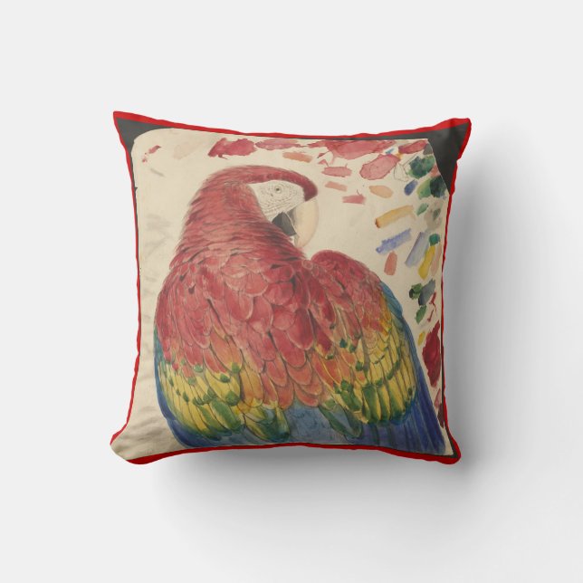 Antiker Scarletmacaw-Papagei, der auf Kissen (Vorderseite)