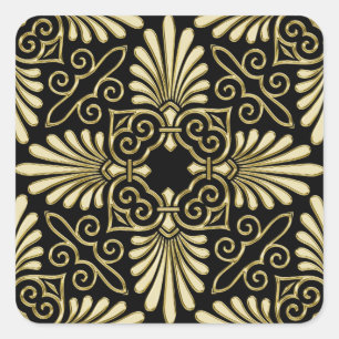 Antiker schwarzer Damast Gold Art Deco Fächer Quadratischer Aufkleber