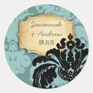 Antiker schwarzer Damast-Teel- und Gold-Hochzeitsa Runder Aufkleber
