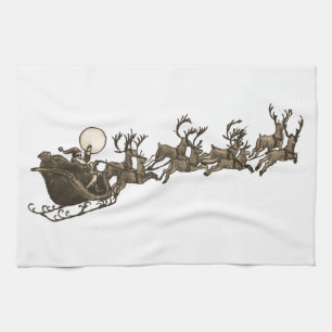 Antiker Sepia-Weihnachtsmann-Schlitten-Rentiere im Handtuch