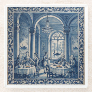 Antiker Stil Blau + Weiß Venedig Kaffeehaus Glasuntersetzer
