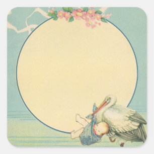 Antiker Storch mit Babyjungen in blauem Tuch Quadratischer Aufkleber