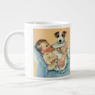 Antiker süßer Babyjunge mit Flasche und Welpe Jumbo-Tasse