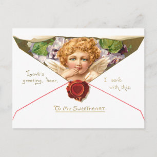Antiker Valentinscherub mit lila Blumen Postkarte