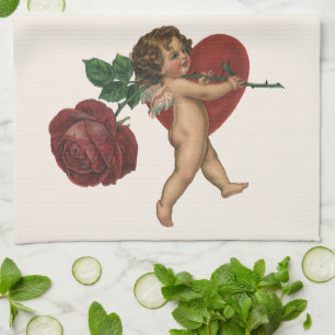 Antiker Valentinstag-Cherub und viktorianische Ros Geschirrtuch