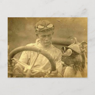 Antiker viktorianischer Hund und Mann fahren Auto Postkarte