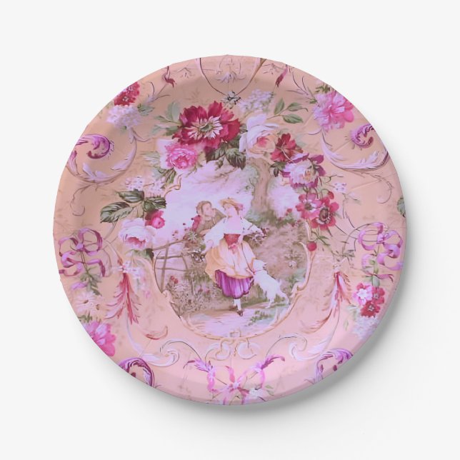 Antiker Viktorianischer Rokoko-Stil Blumenrosa Pappteller (Vorderseite)