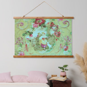 Antiker viktorianischer Toile-Rocaille-Stil Salbei Wandteppich Mit Holzrahmen