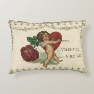 Antiker viktorianischer Valentinscherub, Rose und Zierkissen