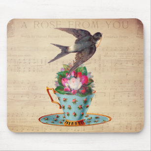 Antiker Vogel, Rosen und Teetasse Mousepad