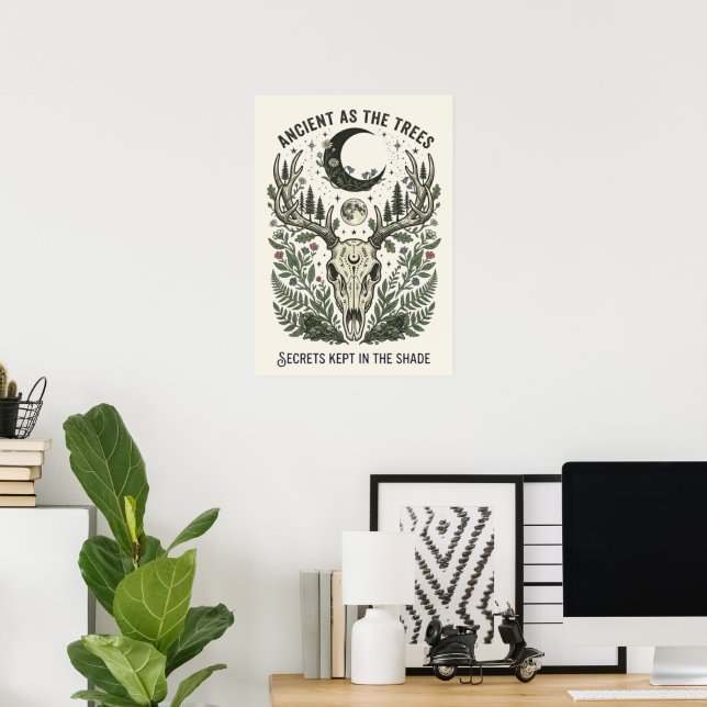 Antiker Waldcore-Hirschschädel Botanische Farne Poster (Heimbüro)