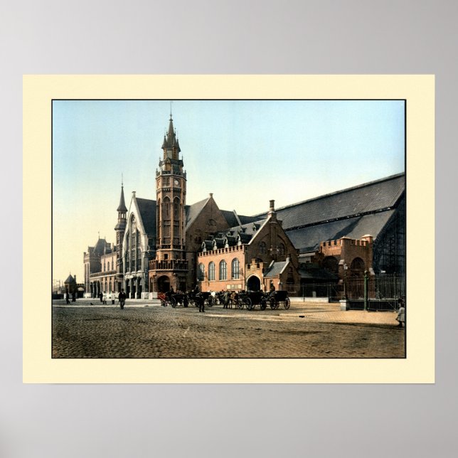 Antikes 1890 Foto Brügge Bahnhof Poster (Vorne)