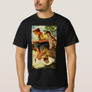 Antikes Angeln, Junge mit seinem Welpen und Würmer T-Shirt
