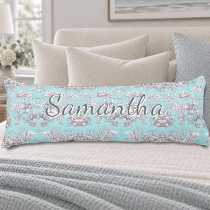 Antikes aqua-blaues Toile de Jouy Seitenschläferkissen