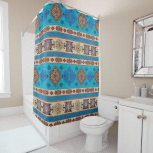 Antikes Aqua Blue Pale Gold Türkisches Kilim Rug Duschvorhang