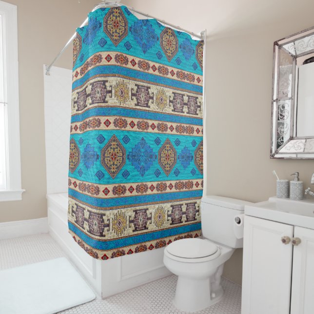 Antikes Aqua Blue Pale Gold Türkisches Kilim Rug Duschvorhang (Beispiel)