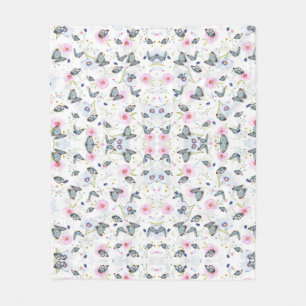 Antikes Aquarell Blaue Schmetterling & rosa Blumen Fleecedecke
