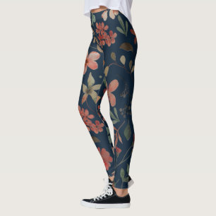 Antikes Aquarell-Blumenprint auf Navyblau Leggings