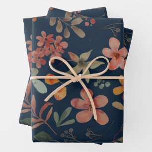 Antikes Aquarell Druckflora auf Marine Geschenkpapier Set